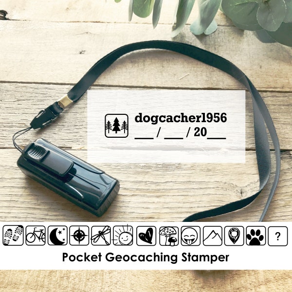 Geocaching Stempel, Geocache Namen Stempel mit Auswahl von Icons, Selbstfärbender Taschenstempel für Geocacher, Mini Geocache Stempel CS-10399