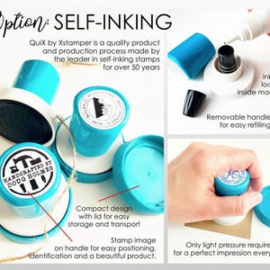 The image is a collage of three photos showcasing Quix by Xstamper products, including a black ink pad, a Quix by Xstamper stamp, and a hand holding the stamp.