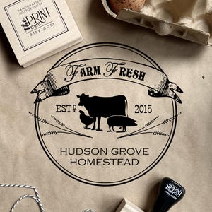 Boerderijstempel, aangepaste rubberstempel boerderijlogo, Homestead-logo ontwerpstempel, boerderij verse dierenstempel, gepersonaliseerde eierdoosstempel CS-10384 afbeelding 1