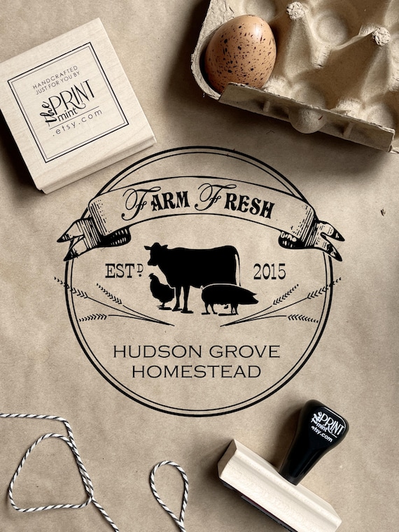 Farm Stamp, Custom Farm Logo Rubber Stamp, Homestead Logo Design Stamp, Farm Fresh Animal Stamp, Personalized Egg Carton Stamp CS-10384
