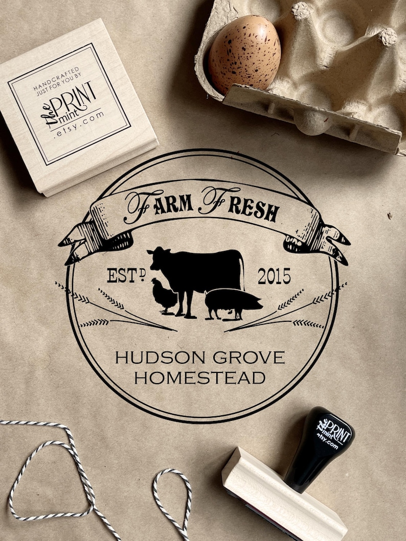 Boerderijstempel, aangepaste rubberstempel boerderijlogo, Homestead-logo ontwerpstempel, boerderij verse dierenstempel, gepersonaliseerde eierdoosstempel CS-10384 afbeelding 1