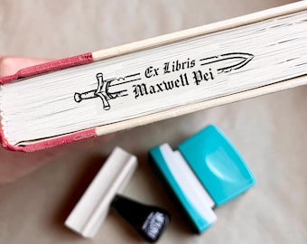 Sword Book Stamp For Pages Edges, Medieval Fantasy Style in Wood or Self-inking, Personalized Ex Libris Rubber Stamp 10486