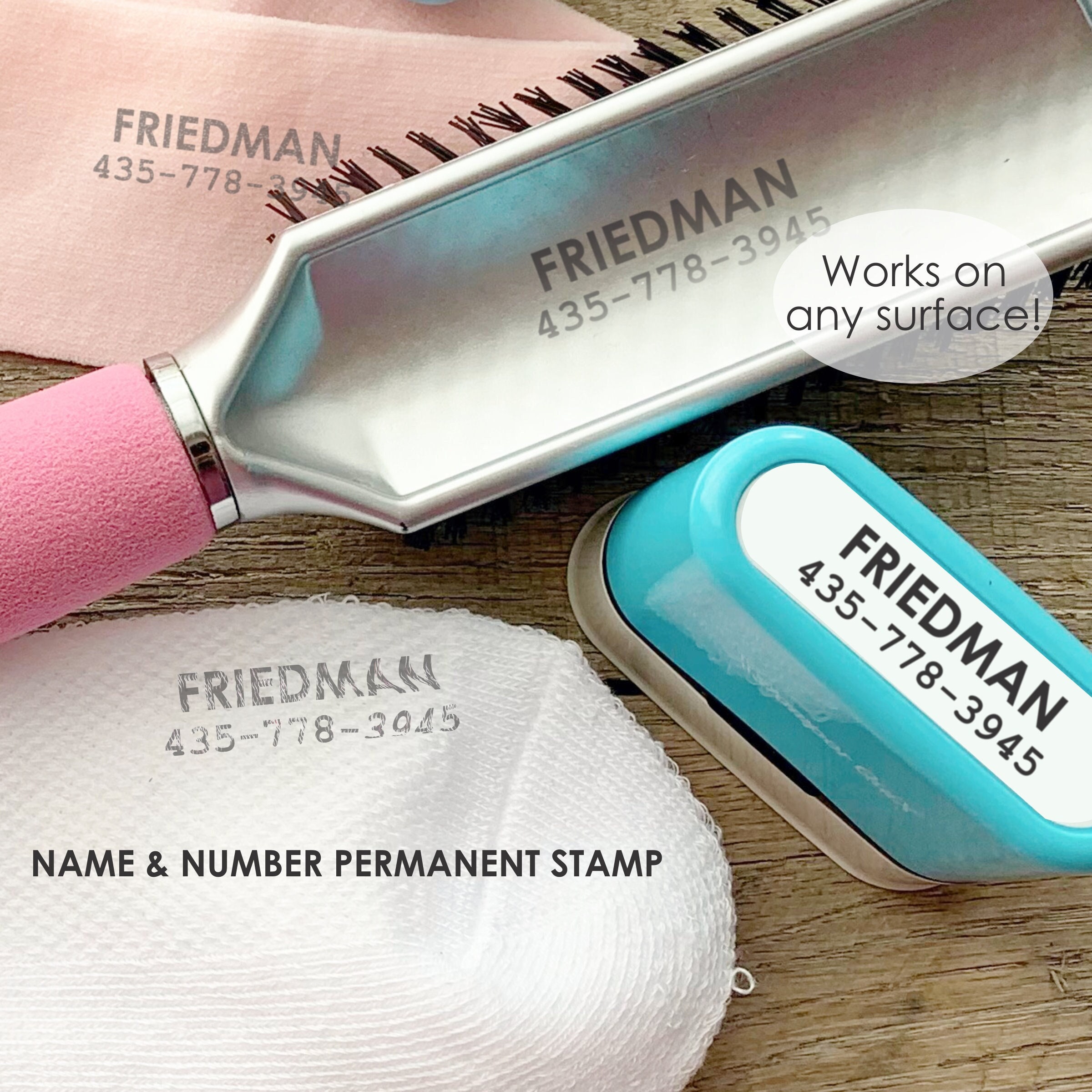 Name & Phone Number Stamp for Clothing, Permanent on Any Surface