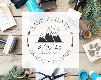 Mountain Save the Date Stamp for Mountain Wedding Favors, Outdoors Wedding Stamper, Mountain Wedding Rubber Stamp or Self-Inking CS-10342