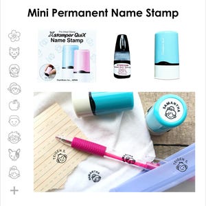 May include: A collection of mini permanent name stamps, including a blue and white stamp, a pink pen, and a bottle of black ink. The stamps are shown with sample imprints of a girl and a monkey. The text "Mini Permanent Name Stamp" is at the top.