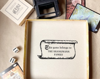 Game Stamp in Self-inking or Wood, Personalized Property Of or Game Collection of Rubber Stamp for Board Game Box, Medieval or Fantasy Style