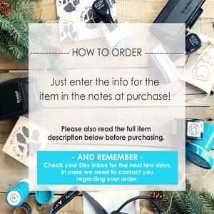 May include: An overhead shot of various stamps, ink pads, and craft supplies on a wooden surface. Text overlay reads "HOW TO ORDER" and instructions for purchasing. A sprig of evergreen and a pinecone add a festive touch.