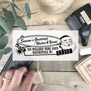 MCM-kerstadresstempel, retro retouradresstempel in hout of zelfinktend, jaren 50-stijl, stempel met groeten, CS-10322 S