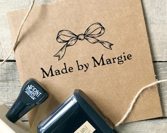 Personalized Made By Stamp with Bow – Custom Wording, Fabric Ink Option- Self-inking or Wood