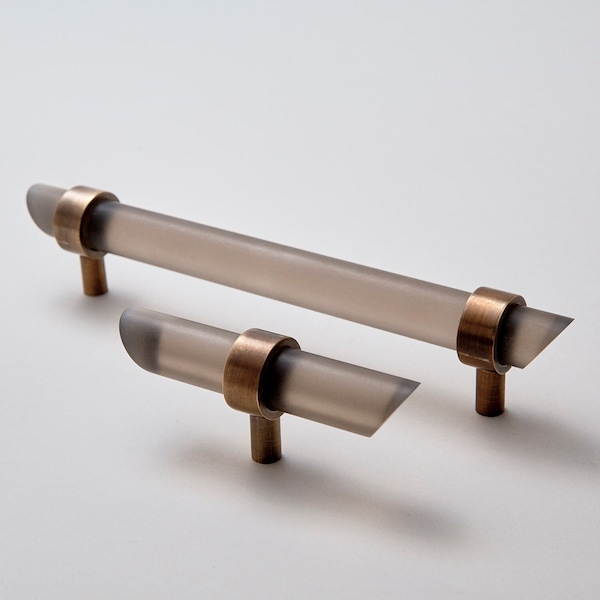 Matte Cabinet Pull in Smoke Lucite by Luxholdups, Custom Drawer Handle or Toggle for Kitchen or Closet, Lucite and Brass Masculine Hardware