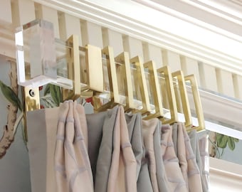 Luxholdups Lucite Rectangular Curtain Rod in Custom Length, Lucite Drapery Rod w/ Solid Brass Brackets, Modern Window Treatments