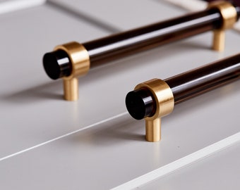 Lucite Drawer Pulls / Night / Straight Post / Lucite Drawer Handles / Cabinet Knobs / Polished Brass / Satin Brass / 3/4" diameter