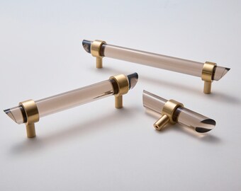 Lucite Drawer Pulls Smoke - Angled - 3/4 DIA (Polished Brass, Satin Brass) Lucite Drawer Handles - Lucite Handles -Cabinet Knobs -LuxHoldups