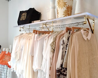 Lucite Clothing Rack with Shelf (Polished Brass, Satin Brass or Nickel) Retail Display - Retail Shelving - Closet Organizer - LuxHoldups