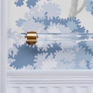 A clear acrylic rod is fitted to wall mounted brass hardware to be used as a towel rod or hanger. The towel rod is installed in a bathroom on blue and white wallpaper, above white moulding.