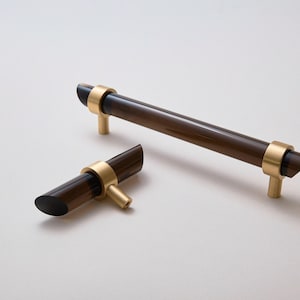 Night, Dark Smoke Lucite and Brass Cabinet Handles Pulls, Brass Tapered Angled Drawer Pulls Knobs for Modern Art Deco Interior