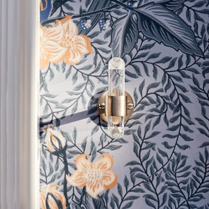 Floral patterned blue wallpaper featuring Luxholdups angled lucite robe hook with satin nickel brass hardware, wall mounted.