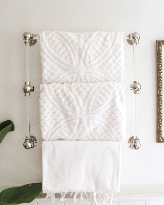 Lucite Bathroom Towel Rack, Polished Brass or Nickel, Modern Wall Mounted Storage