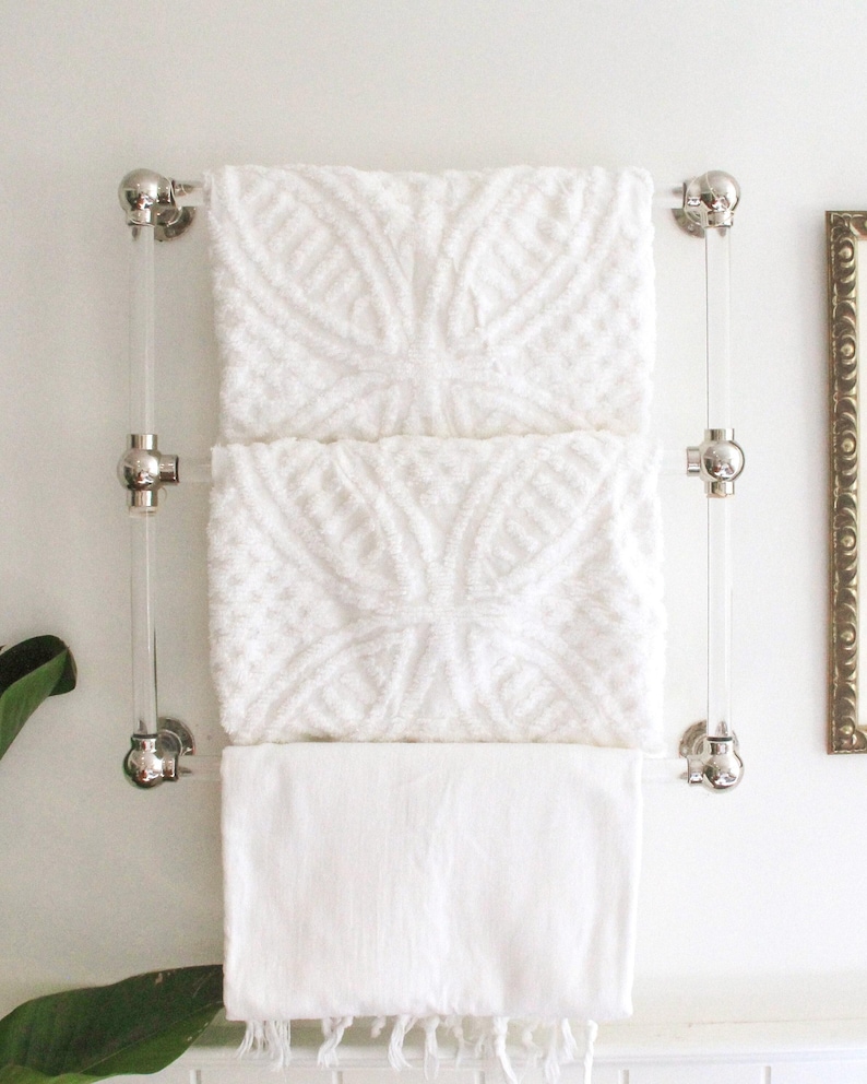 Lucite Bathroom Towel Rack, Polished Brass or Nickel, Modern Wall Mounted Storage image 1