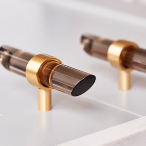 Lucite Drawer Toggle Smoke - Angled - Crown Post - 3/4 DIA (Polished Brass, Satin Brass) Lucite Drawer - Cabinet Knobs -LuxHoldups