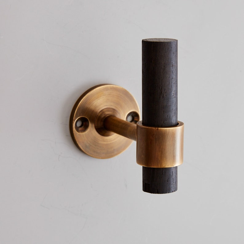 Brass Towel Hook Gaboon Ebony Wood and Brass Robe Hook, Custom Bathroom Hardware, Gaboon Ebony Wood and Brass Modern Wall Hook by LuxHoldups image 2