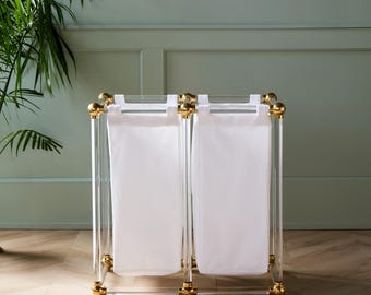 Double Lucite Laundry Hamper with Removable Canvas Bags | Laundry Basket | Modern Laundry Sorter | Brass Hardware | Luxury Bathroom Decor