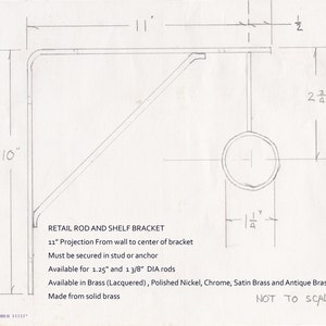 Technical drawing of the lucite shelf with brass brackets.