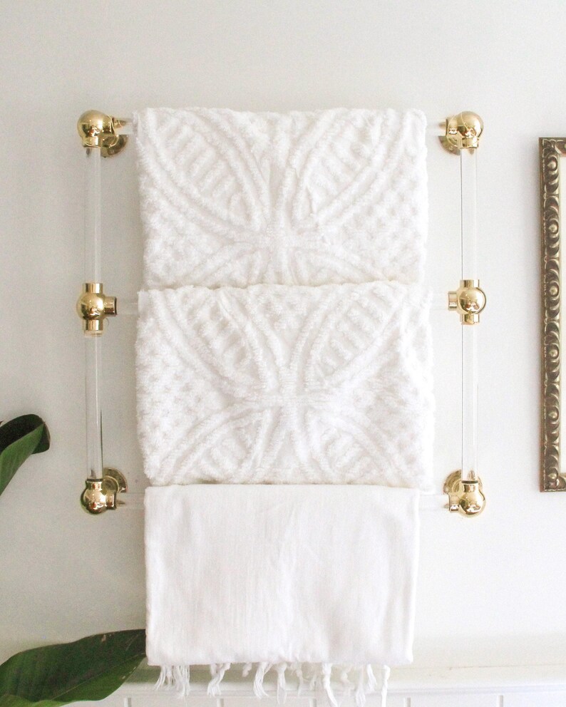 Lucite Bathroom Towel Rack, Polished Brass or Nickel, Modern Wall Mounted Storage image 7
