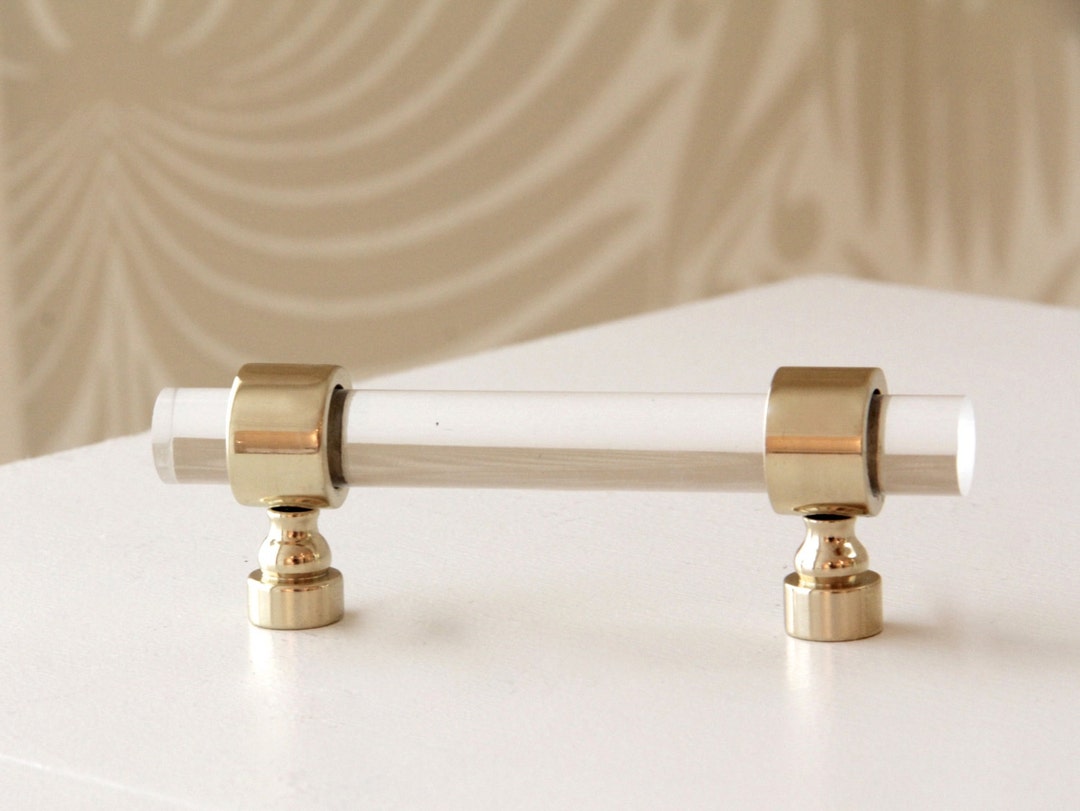 Slim Lucite Lucite Knobs and Pulls W/ Crown Post Base, Solid Brass