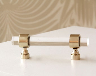 Slim Lucite Lucite Knobs and Pulls w/ Crown Post Base, Solid Brass Cabinet Hardware Door Handles, 1/2" DIA Brass Bar Pulls by Luxholdups