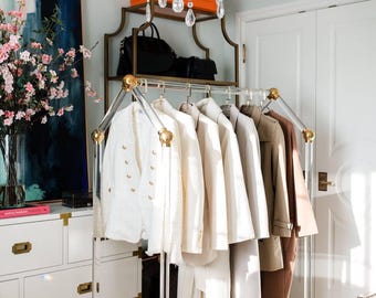Lucite Rolling Clothes Rack, Brass Garment Rack, Boutique Clothing Display