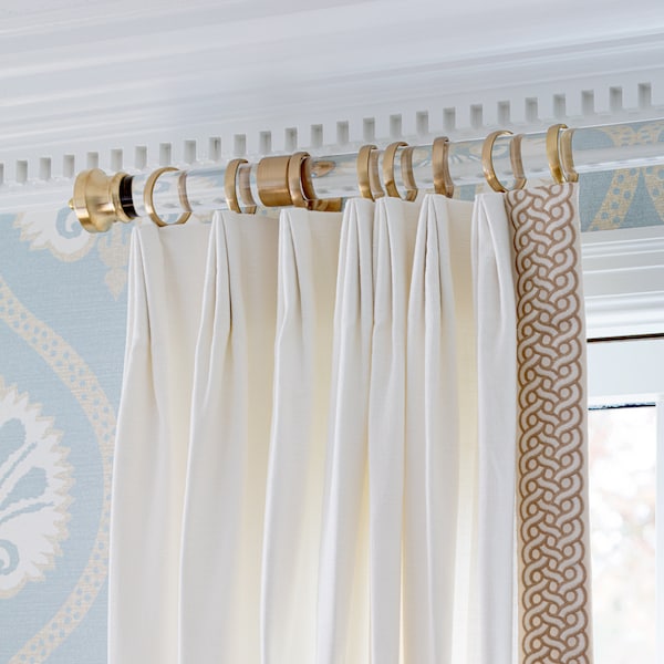 Luxholdups Clear Lucite and Hand Cast Brass Curtain Rod, 1.37" Round Lucite Drapery Rod, Optional Brass Hardware Finials, End Caps, Rings