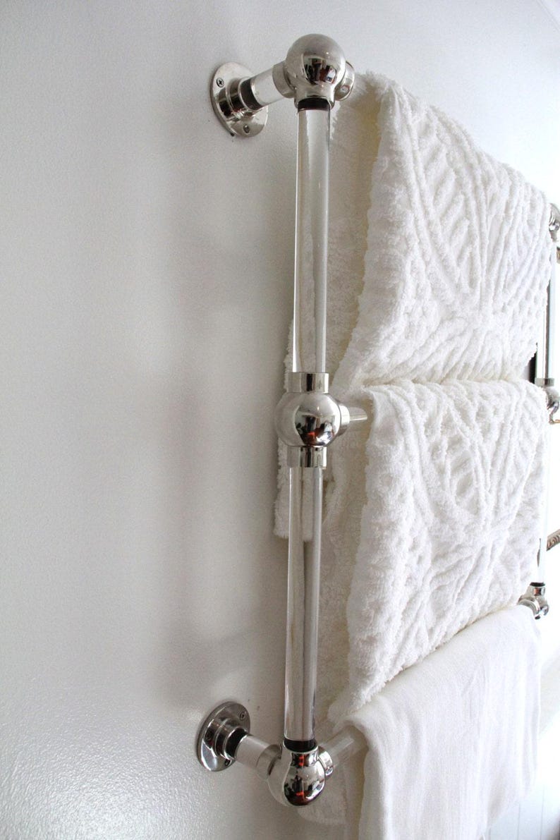 Lucite Bathroom Towel Rack, Polished Brass or Nickel, Modern Wall Mounted Storage image 4
