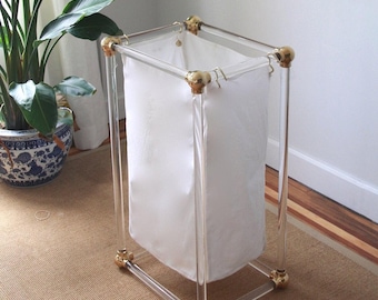 Lucite Laundry Hamper with Brass Fittings, Removable Canvas Bag