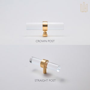A comparison image showing two clear lucite rods fitted in brass hardware to show different base options. Crown post is on top and straight post is on the bottom.