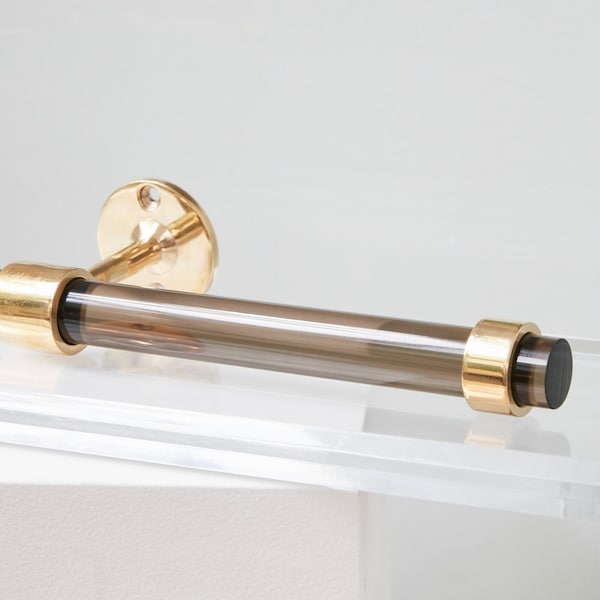 Smoke Lucite Toilet Paper Holder, Wall Mounted Lucite Toilet Roll Holder, Lucite and Brass Mid Century Modern Bathroom Vanity Accessories