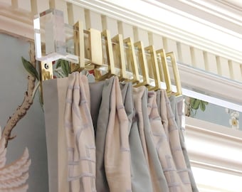 Rectangular Lucite Curtain Rod with Brass Brackets, Modern Drapery Hardware