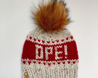 The OPE! Beanie // Slouchy Knit Beanie with Faux Fur Pom. Midwest Hat. Wisconsin Hat. Minnesota Hat. Handmade Hat. Faux Fur Hat.