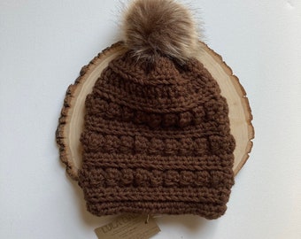 The Naomi Beanie Ready to Ship in Chocolate Size Child/Adult // Slouchy Beanie with Faux Fur Pom. Bobble Beanie. Handmade Slouchy Hat.