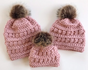 The Naomi Beanie // Slouchy Beanie with Faux Fur Pom. Bobble Beanie. Handmade Slouchy Hat. Crochet Hat. Handmade Winter Hat. Faux Fur Hat.