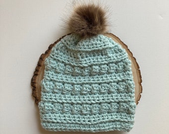 The Naomi Beanie Ready to Ship in Glacier Size Large Adult // Slouchy Beanie with Faux Fur Pom. Bobble Beanie. Handmade Slouchy Hat.
