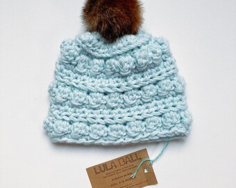 The Naomi Beanie Ready to Ship in Arctic Ice Size 3-6 Months // Slouchy Beanie with Faux Fur Pom. Bobble Beanie. Handmade Slouchy Hat.