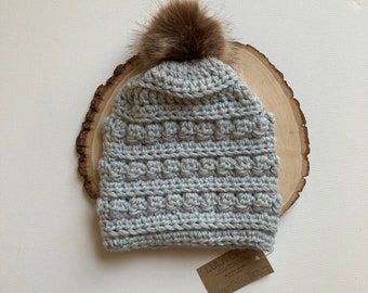 The Naomi Beanie Ready to Ship in Gray Size Child/Adult // Slouchy Beanie with Faux Fur Pom. Bobble Beanie. Handmade Slouchy Hat.