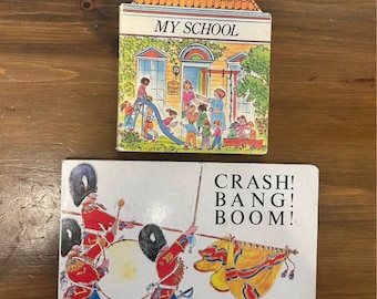 Peter Spier childrens picture books my school crash bang boom preschool kindergarten colorful vintage antique illustrated stories