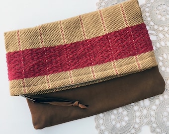 Handwoven Clutch Ladies Purse Bag Yellow Red Cotton Leather