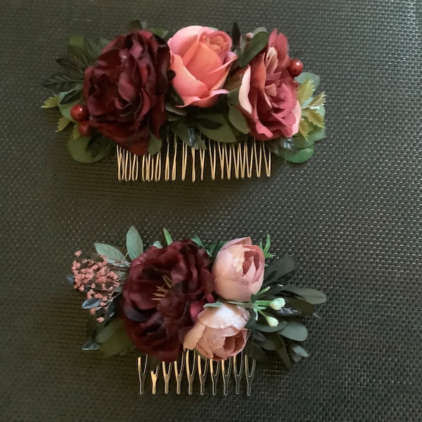 Ladies floral hair combs flowers burgundy blush pink bride flower girl bridesmaid hair piece crown boho rustic wedding decor