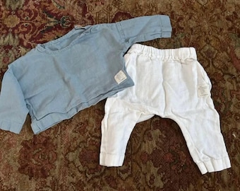 Linen baby outfit 3-6 months natural fiber "Seven years ago" linen shirt pants blue white