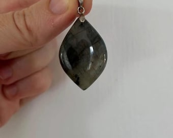 Labradorite pendant 18 k white gold plated hook large diamond shaped stone