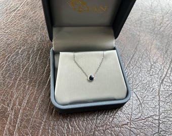 14k white gold genuine dark blue sapphire necklace, solitaire 16 inch chain choker delicate necklace Round stone