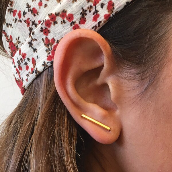 Orecchio oro scalatori, orecchio scalatori, semplice orecchio rampicanti, Bar orecchio scalatori, orecchini oro Bar, minimo orecchio scalatori, orecchini Minimal